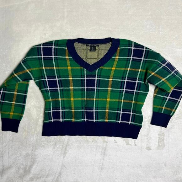 Tahari Academia Sweater Women's L Green Tartan Plaid Box Crop Prep School Ivy - Picture 1 of 8